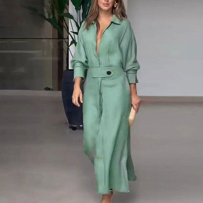 Women's Long Dress - Shirt Collar - Belted Waist - Button Front - Side Slits