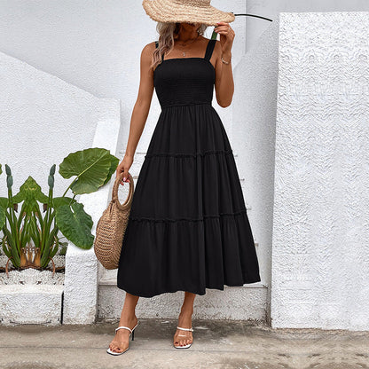 Women’s Sleeveless Dress – Smocked Bodice – Tiered Midi Skirt – Cotton Blend