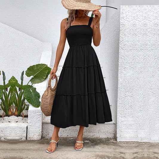 Smocked Bodice Cotton Blend Midi Dress