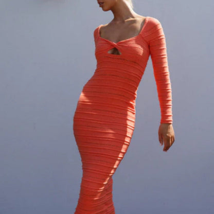 Women’s Knit Dress – Slim Fit – Twist Neckline – Cut-Out Chest – Full Length – Long Sleeve