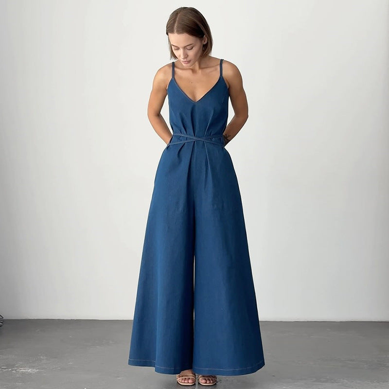 Women’s Jumpsuit – Linen Blend – Wide Leg – Loose Fit – V-Neck – Tie Waist