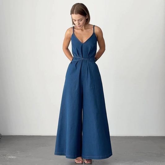 Linen Blend Wide Leg Tie Waist Jumpsuit