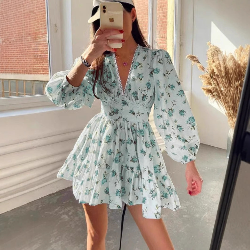 Women’s A-Line Dress – V-Neck Lace Trim – Long Puff Sleeve – Floral Mini Skirt