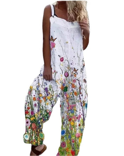 Women’s Jumpsuit – Artistic Floral Print – Relaxed Fit – Wide Leg – Adjustable Straps