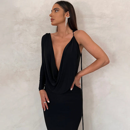 Women’s Evening Dress – One-Shoulder – Draped Neckline – Fitted Full-Length Gown