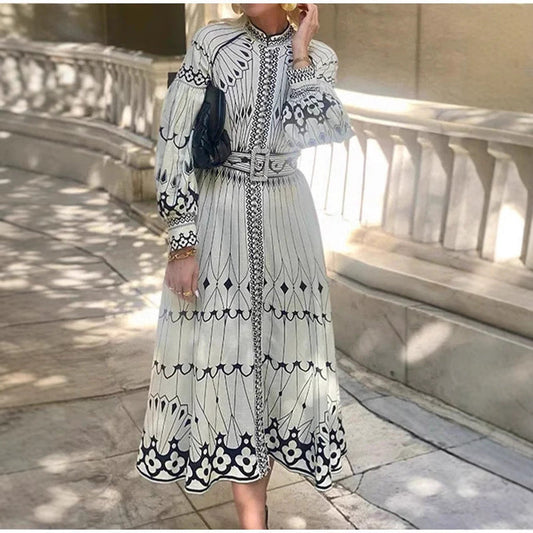 Ornate Pattern Tailored Fit Belted Midi Dress