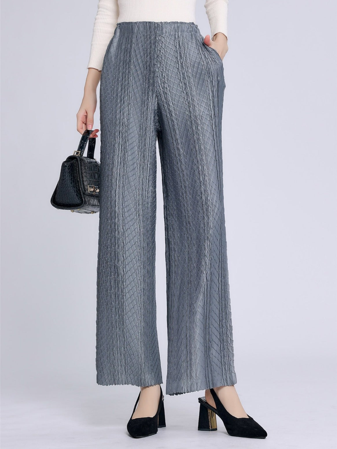 Women's Wide-Leg Pants - Textured Fabric - High Waist - Elastic Waistband - Flowy Fit