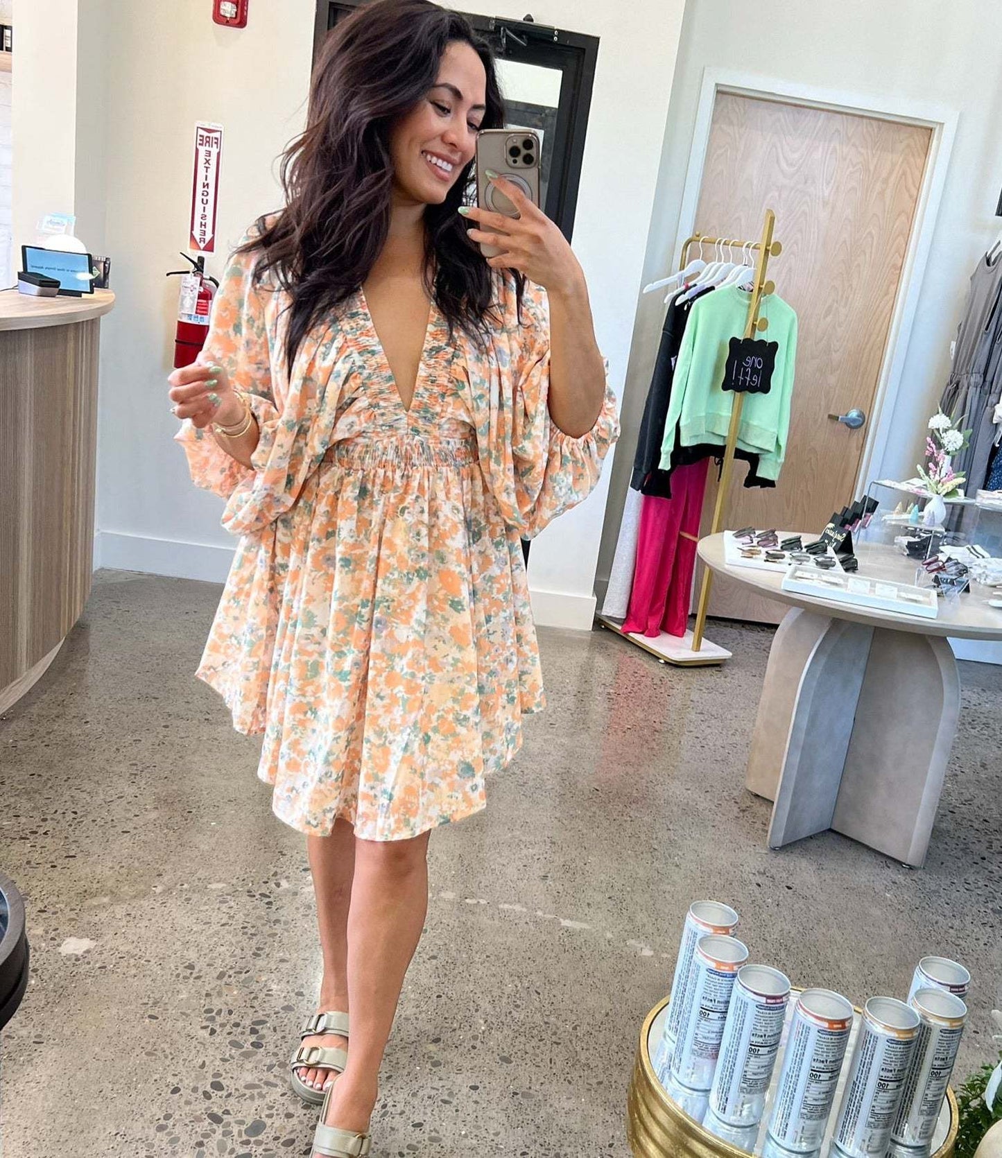 Women’s Short Dress – Chiffon – V-Neck – Ruched Waist – Bishop Sleeve – Bohemian Fit