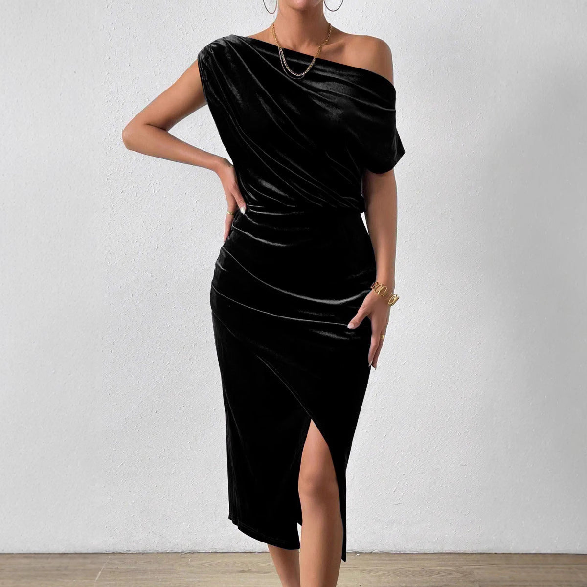 Velvet One-Shoulder Ruched Midi Dress
