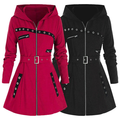 Women’s Hooded Coat – Slim Fit – Asymmetrical Hem – Zip Front with Grommet Detail