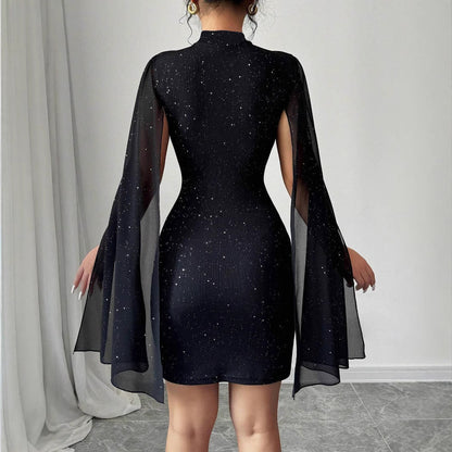 Women’s Cape Dress – Slim Fit – Glitter Chiffon – High Neck – Mini Formal Wear