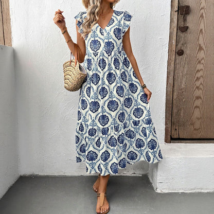 Women’s Long Dress – Cotton Blend – Loose Fit – Deep V-Neck – Flutter Sleeve – Tiered Skirt – Floral Print