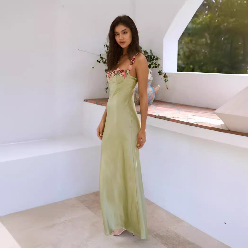 Satin Trim Lace Slim Fit Long Dress