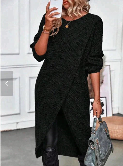 Women's Knitted Sweater Dress - Wrap Front - Asymmetric Hem - Long Sleeve Cozy Fit