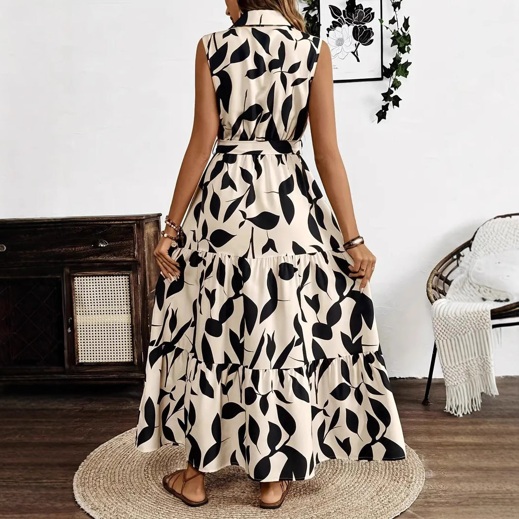 Women’s Long Dress – Fit and Flare – Sleeveless Collared – Leaf Print – Ruffle Hem