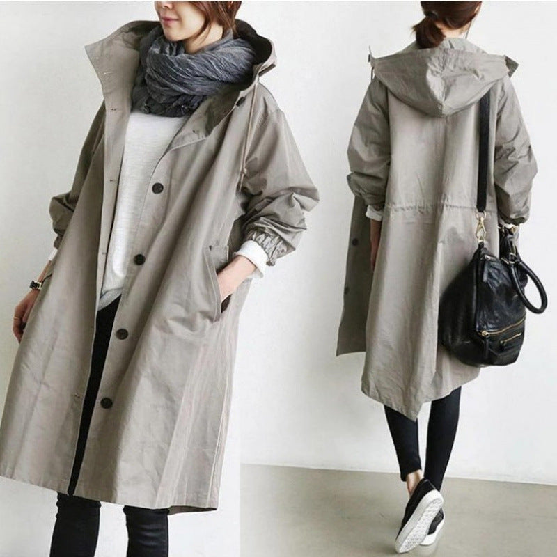Women's Long Overcoat - Water-Resistant - Hooded with Button Closure - Elastic Cuffs