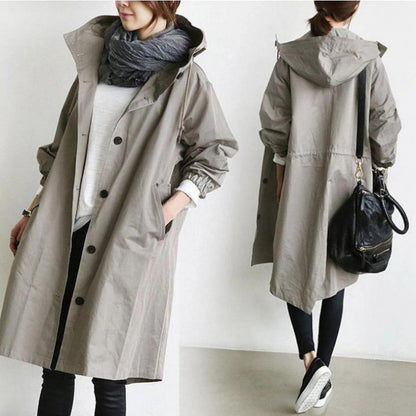 Women's Long Overcoat - Water-Resistant - Hooded with Button Closure - Elastic Cuffs