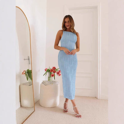 Women’s Sleeveless Dress – Slim Fit – Backless Midi – Water Ripple Texture