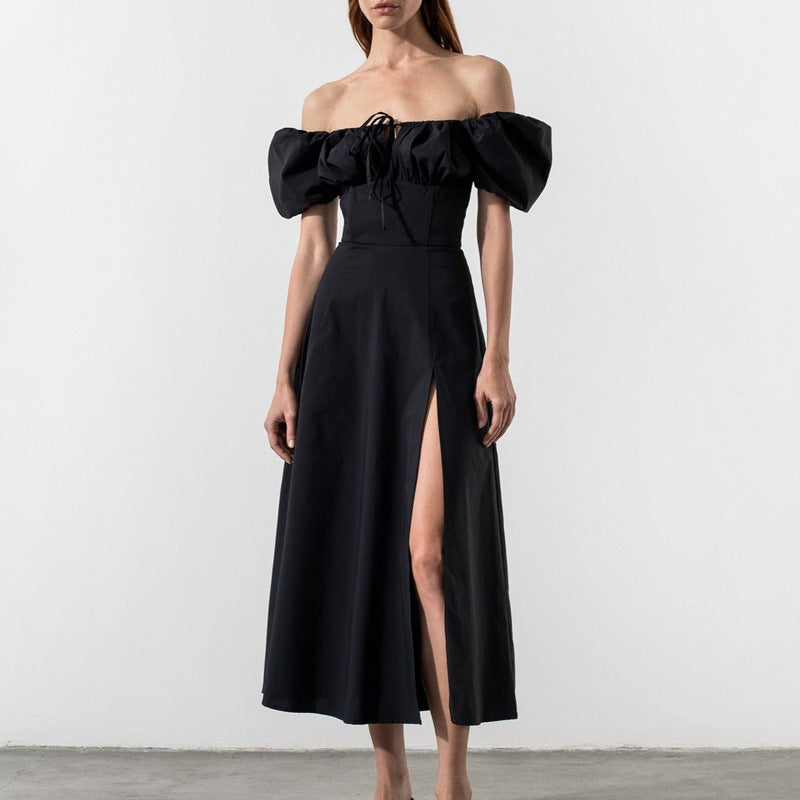 Women’s Off-Shoulder Dress – Puff Sleeve – Tie Neck – High Slit – Midi A-Line Fit