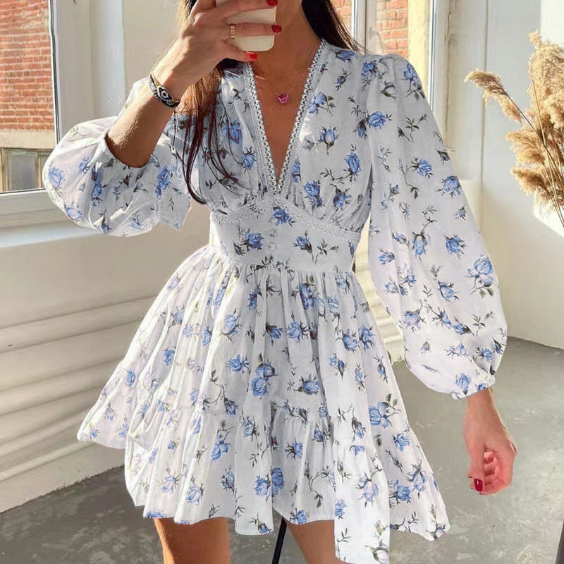 Lace Trim Floral Puff Sleeve Mini Dress