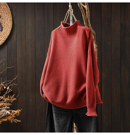 Women’s Oversized Sweater – Waffle Knit – Mock Neck – Dolman Sleeve – Ribbed Trim