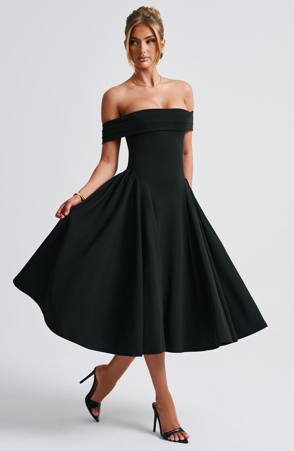 Women’s Midi Dress – Off Shoulder – A-Line Fit – Structured Bodice – Formal Wear