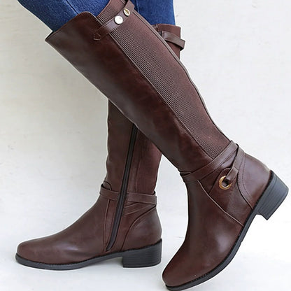 Women’s Knee-High Boots – Slim Fit – Elastic Panel – Low Block Heel – Buckle Straps