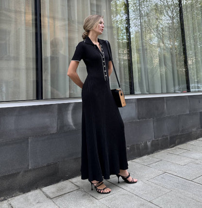 Women's Ribbed Knit Dress - Polo Collar - Button-Up Front - Short Sleeve Midi Length