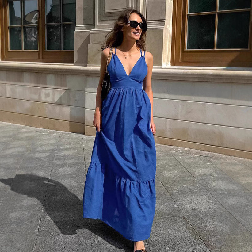 Women’s Maxi Dress – Cotton Linen Blend – Sleeveless V-Neck – Tiered A-Line Fit
