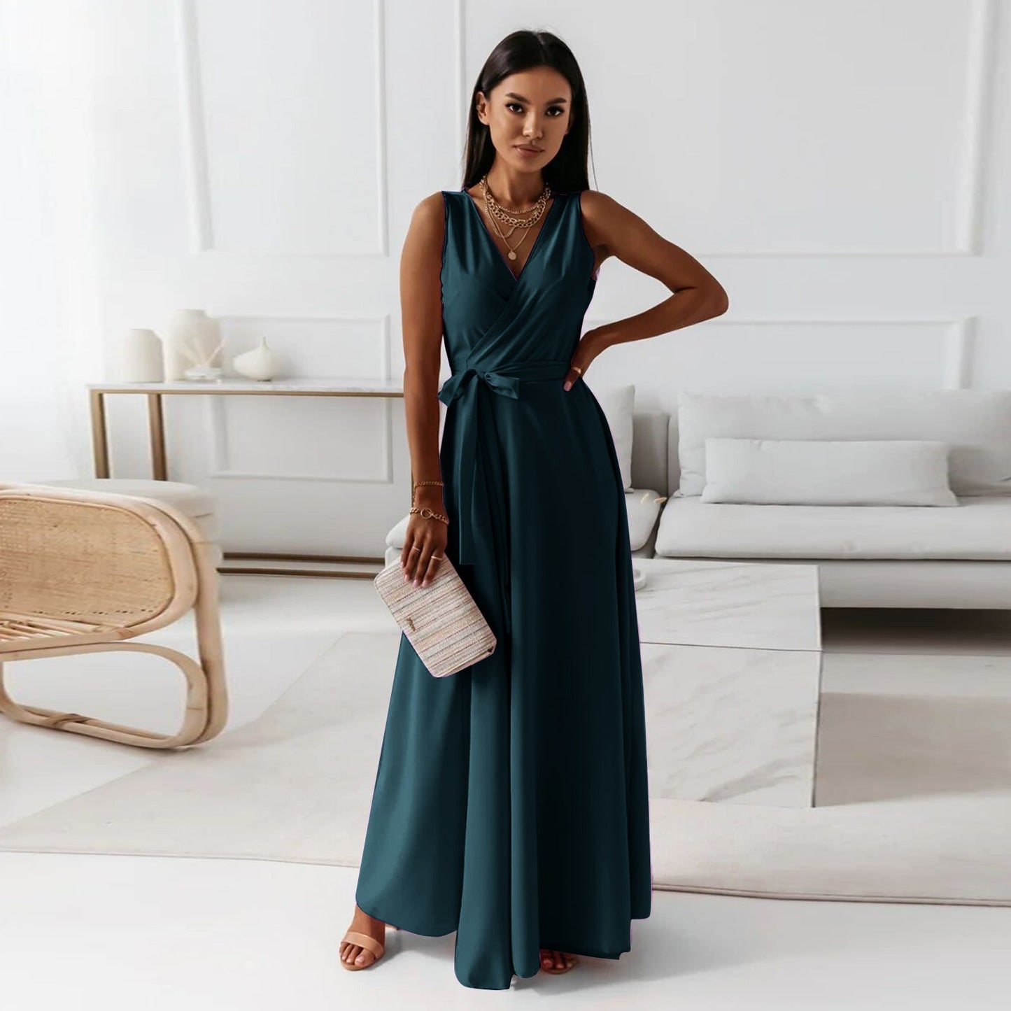 Women's Evening Gown - Sleeveless V-Neck - Wrap-Style Floor-Length Elegant Dress