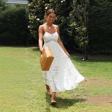 Women’s Sundress – Bohemian Style – Flowy Fit – Lace Trim – Tiered Skirt – Spaghetti Straps