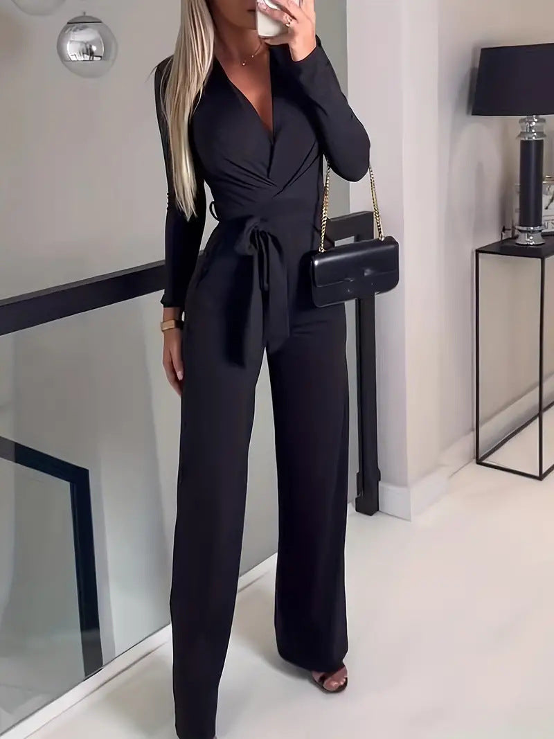 Women’s Jumpsuit – Wrap V-Neck – Long Sleeve – Wide Leg – Waist Tie – Tailored Fit