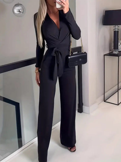 Women’s Jumpsuit – Wrap V-Neck – Long Sleeve – Wide Leg – Waist Tie – Tailored Fit