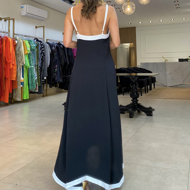Women’s Maxi Dress – Lightweight Fabric – Loose Fit – Thin Straps – Contrast Trim