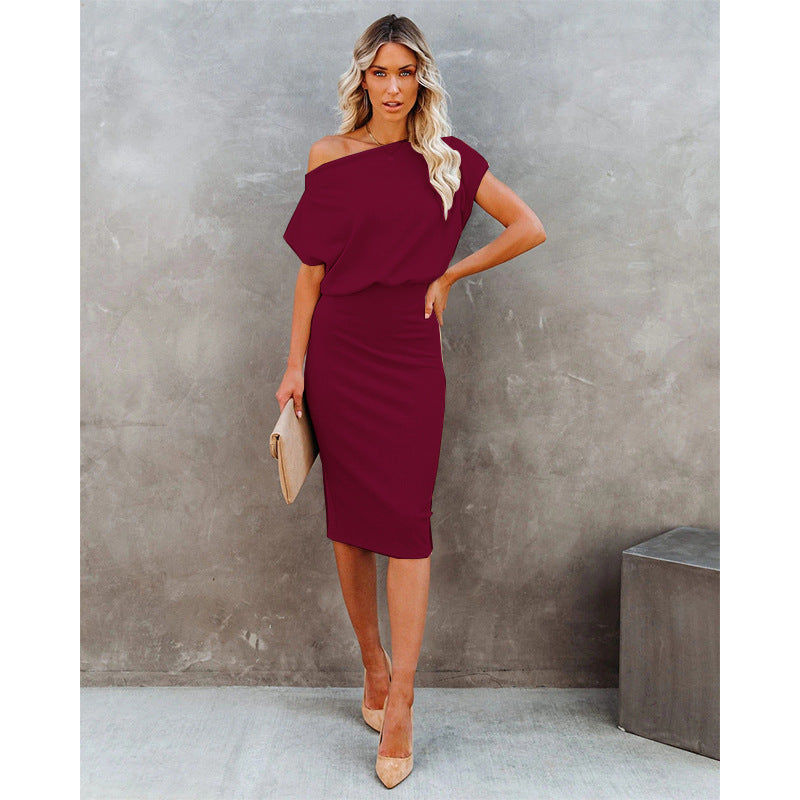 Women's Knit Midi Dress - Off-Shoulder Ribbed Slim Fit - Short Sleeve Elegant Wear