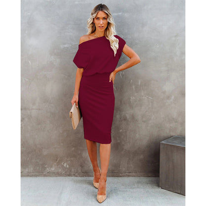 Women's Knit Midi Dress - Off-Shoulder Ribbed Slim Fit - Short Sleeve Elegant Wear