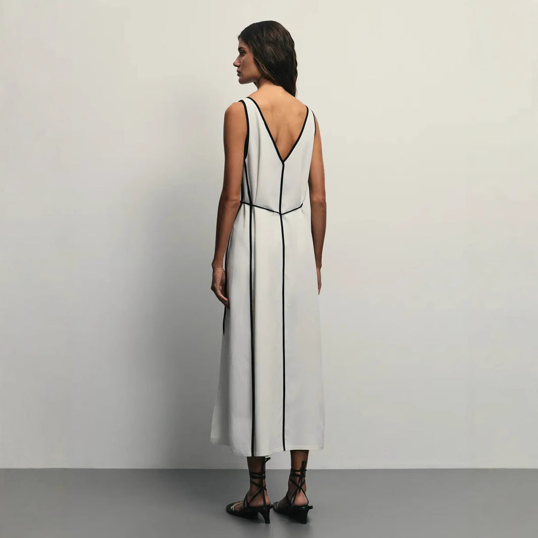 Women’s Sleeveless Midi Dress – A-Line Fit – U-Neck – Waist Tie – Lightweight Breathable Fabric
