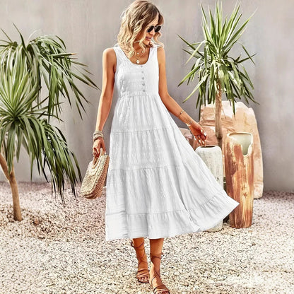 Women’s Maxi Dress – Sleeveless A-Line – U-Neck – Tiered Skirt – Button Front – Cotton Blend