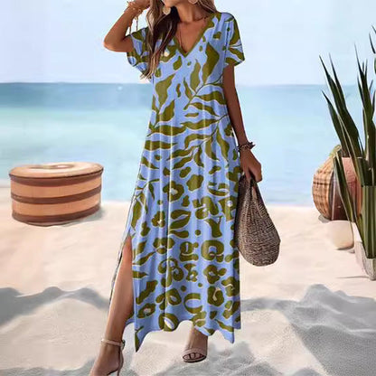 Women’s Maxi Dress – Relaxed Fit – V-Neck – Short Sleeve – Breathable – Side Slit