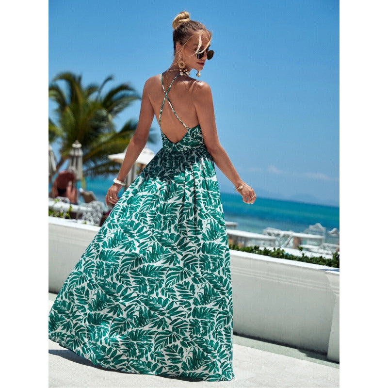 Leaf Print Flowy V-Neck Maxi Dress 