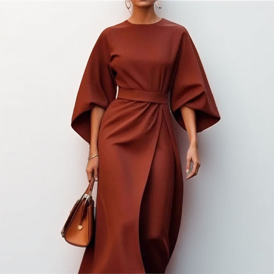 Satin Feel Fitted Waist Long Dress