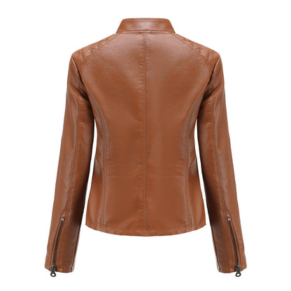 Women's casual faux leather stand-up collar jacket