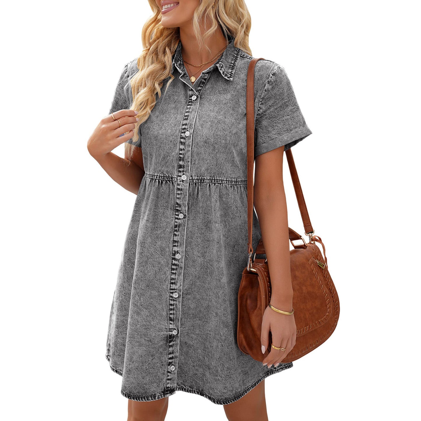 Women’s Denim Shirt Dress - Button Down - Short Sleeve - A-Line Mini Dress