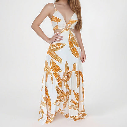 Women’s Maxi Dress – Halter Neck – Cut-Out Waist – Tiered A-Line Skirt – Bold Print