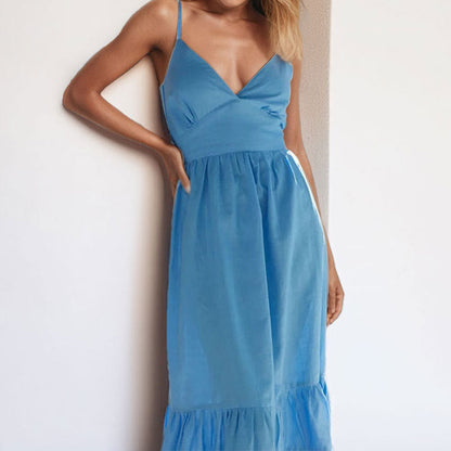 Women’s Midi Dress – Fitted Bodice – V-Neck – Tiered Hem – Spaghetti Straps – Cotton Blend