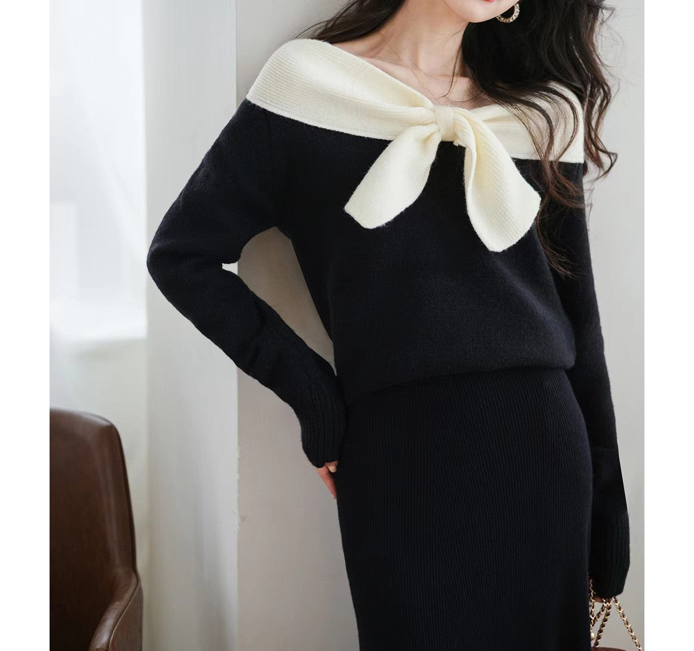 Women's Knit Sweater - Off-Shoulder Design - Long Sleeve with Bow Detail