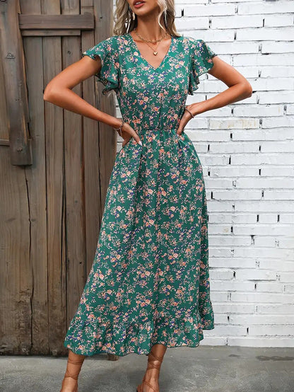 Women’s Midi Dress – Cotton Blend – V-Neck – Flutter Sleeve – Floral Ruffle Hem