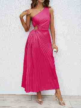 Women’s Maxi Dress – One Shoulder – Satin Feel – Ruched Waist – Pleated Skirt
