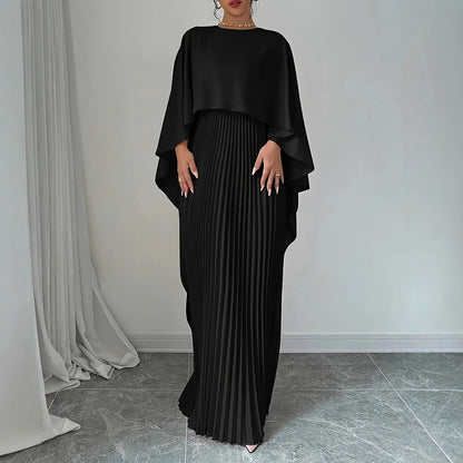 Women’s Maxi Dress – Elegant Pleated Skirt – Batwing Sleeves – High Neck Flowing Fit