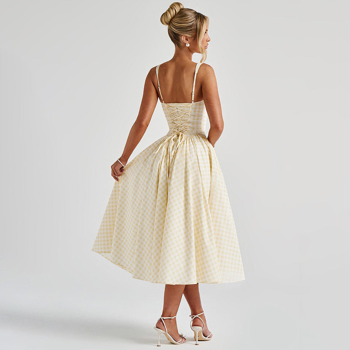 Checkered Cotton Blend Princess Silhouette Midi Dress